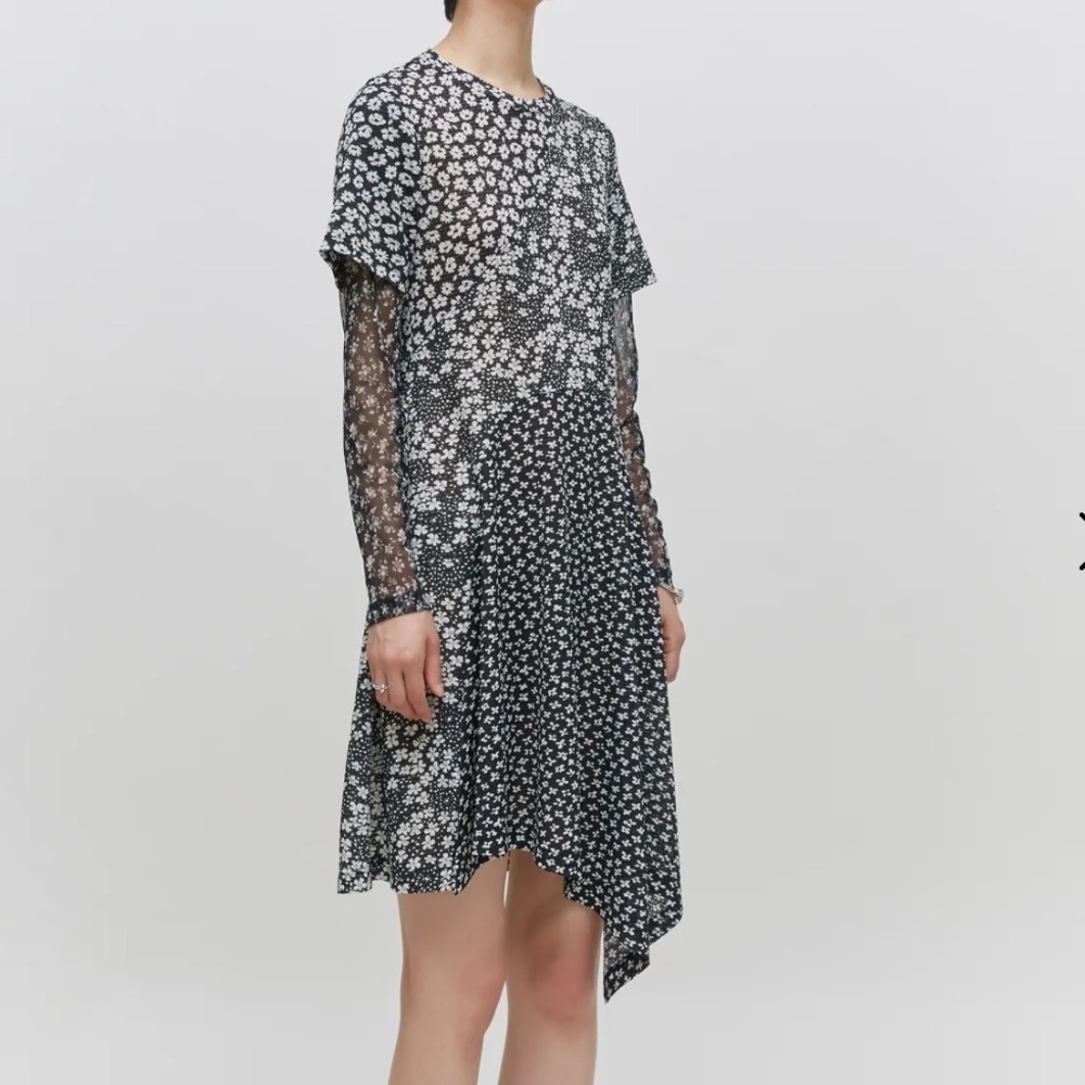 GOEN.J Contrast Floral-Print Panel Mesh Asymmetrical Hem Dress Size Small US4